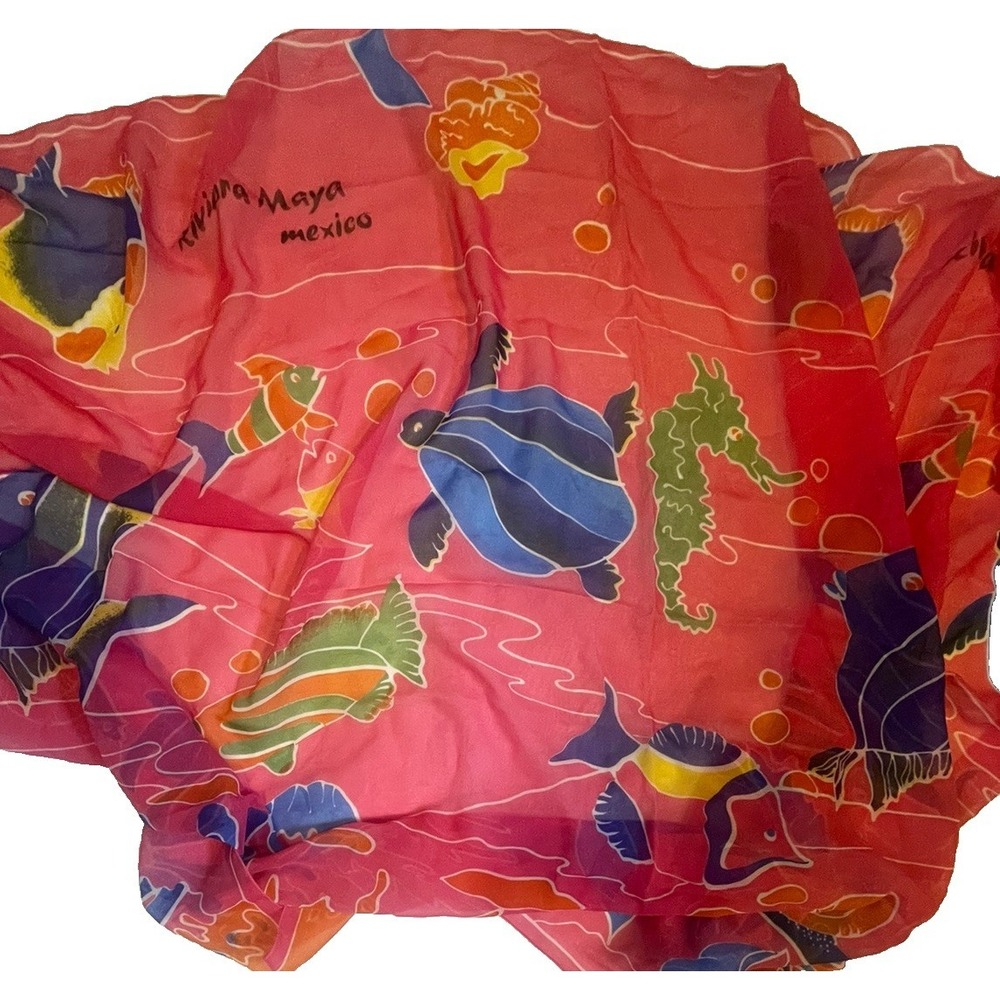 Rima Riviera Maya Mexico Scarf Sarong Wrap Pink Fish Tropical 41x66 Beach